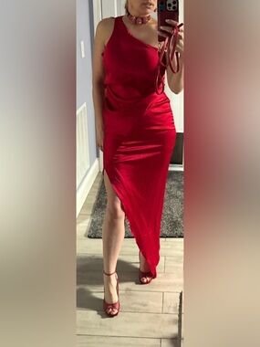Red One-Shoulder Draped Asymmetrical Dress